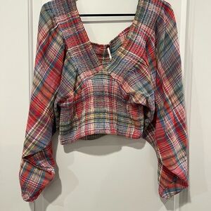 Free People Marlena Plaid Top Smocked Cropped size S